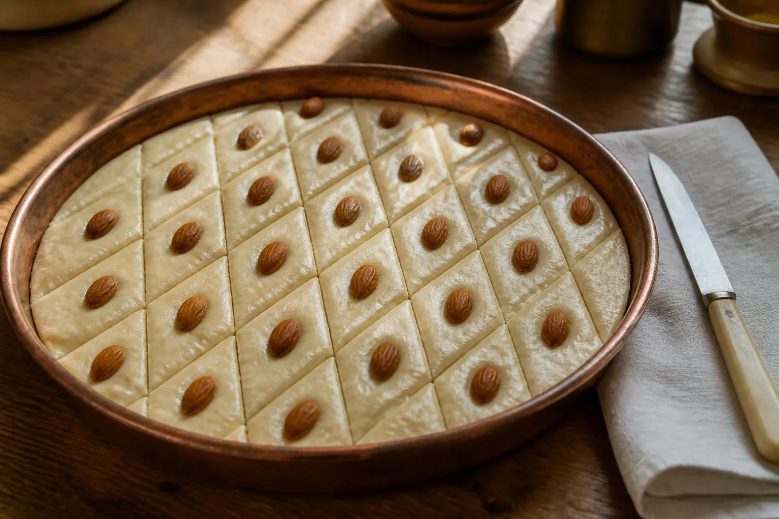 Plateau rond de baklawa crue découpée en losanges, une amande entière posée au centre de chaque part