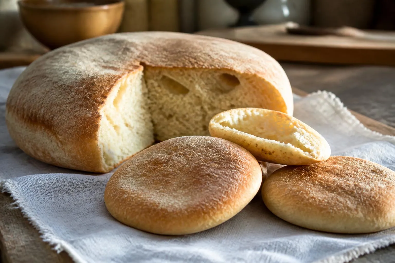 Deux pains levés à la semoule posés sur un torchon : un grand disque épais entamé au couteau, et trois petits pains ronds fendus sur le côté.