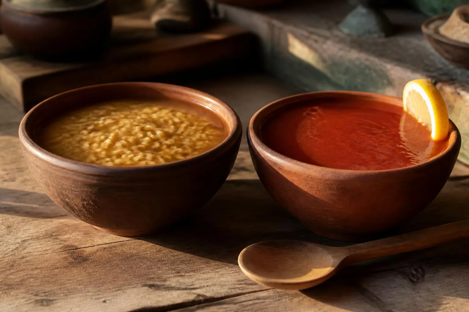 Deux bols de soupe côte à côte, l'un ambré et clair, l'autre épais et rouge, avec un quartier de citron posé sur le bord.