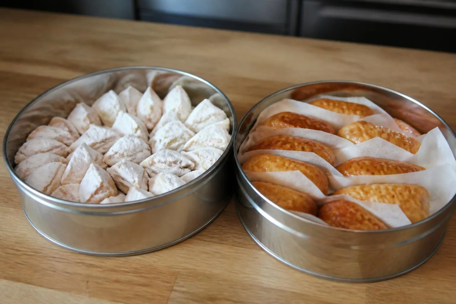 Deux boîtes métalliques ouvertes côte à côte, l'une remplie de gâteaux secs poudrés de sucre glace, l'autre de gâteaux miellés séparés par du papier sulfurisé.