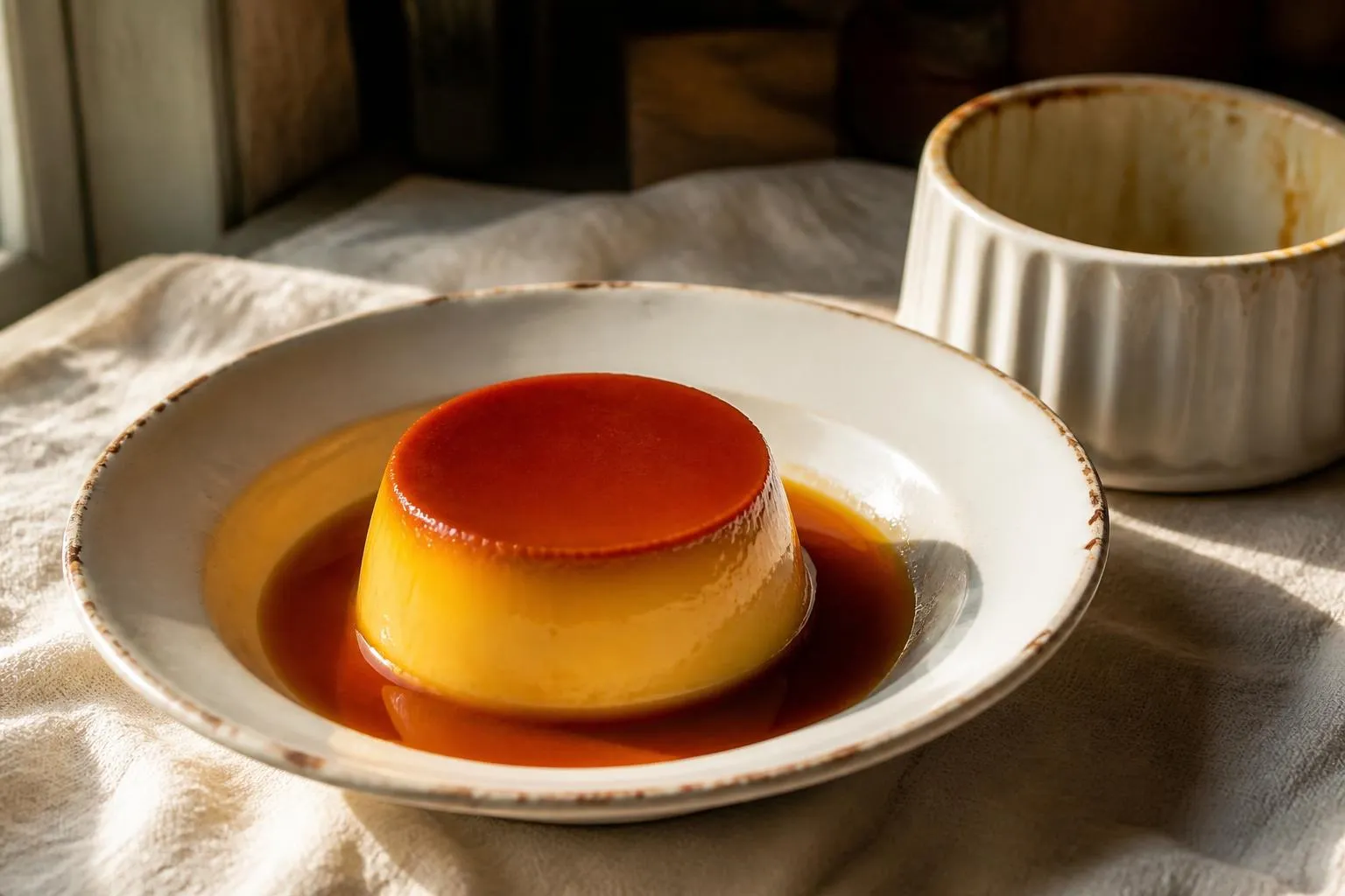 Une crème caramel démoulée sur un plat creux, la sauce ambrée étalée autour du flan.