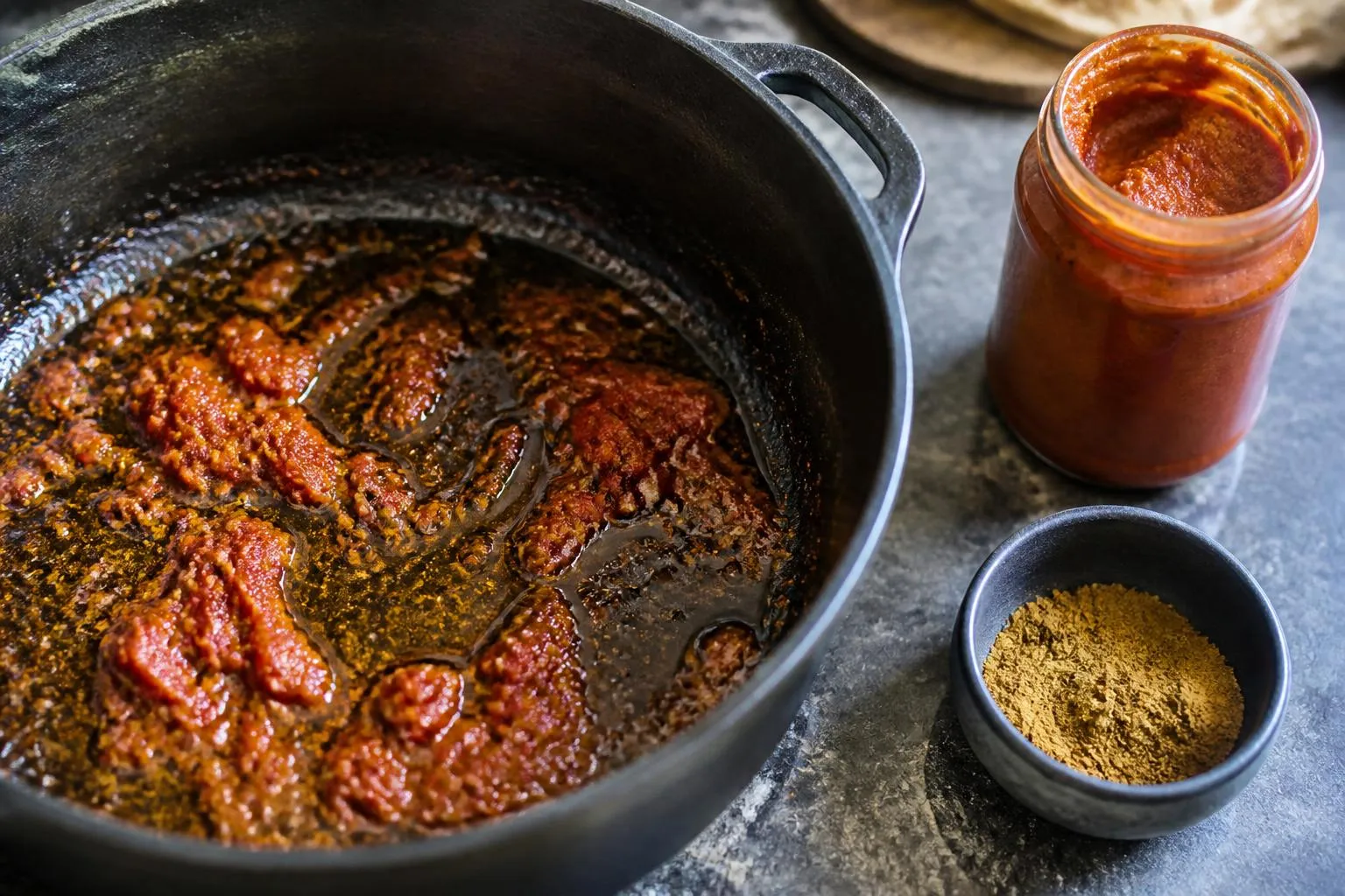 Un fond de casserole où le concentré de tomate a viré au rouge brique dans l'huile d'olive, à côté d'une boîte de harissa entamée et d'un bol de tabil.