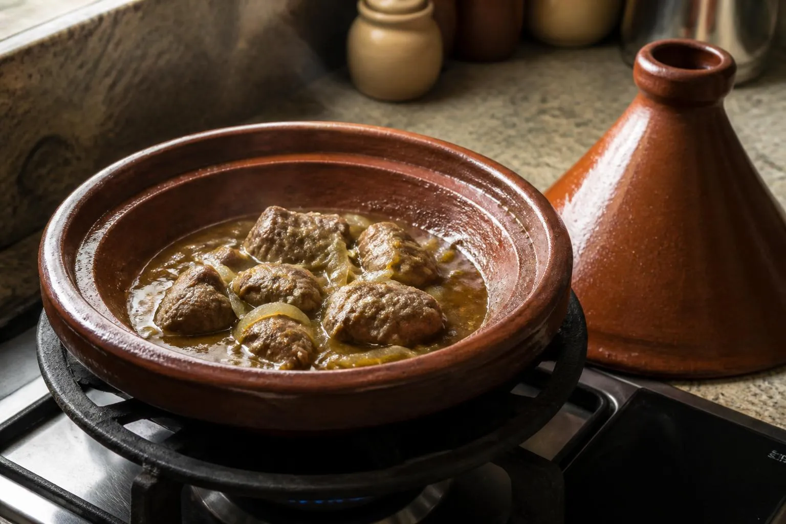 Un plat à tajine en terre posé sur un diffuseur en fonte, cône soulevé, sauce courte et morceaux d'agneau au fond