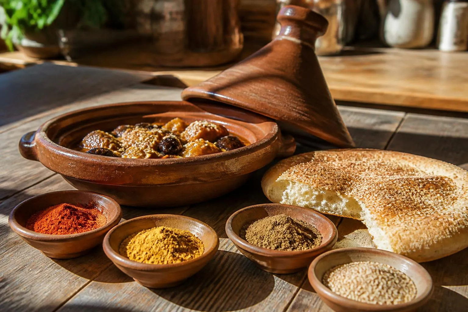 Un plat à tajine en terre et un pain plat posés sur une table, entourés de petits bols d'épices