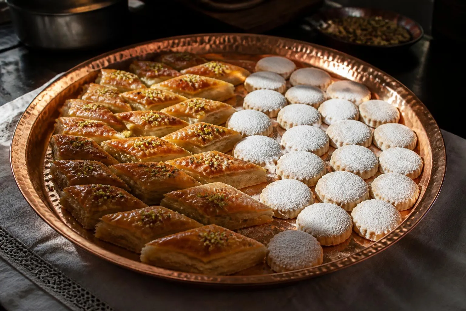 Plateau de cuivre garni de gâteaux orientaux rangés par familles, sablés d'un côté, pièces miellées de l'autre