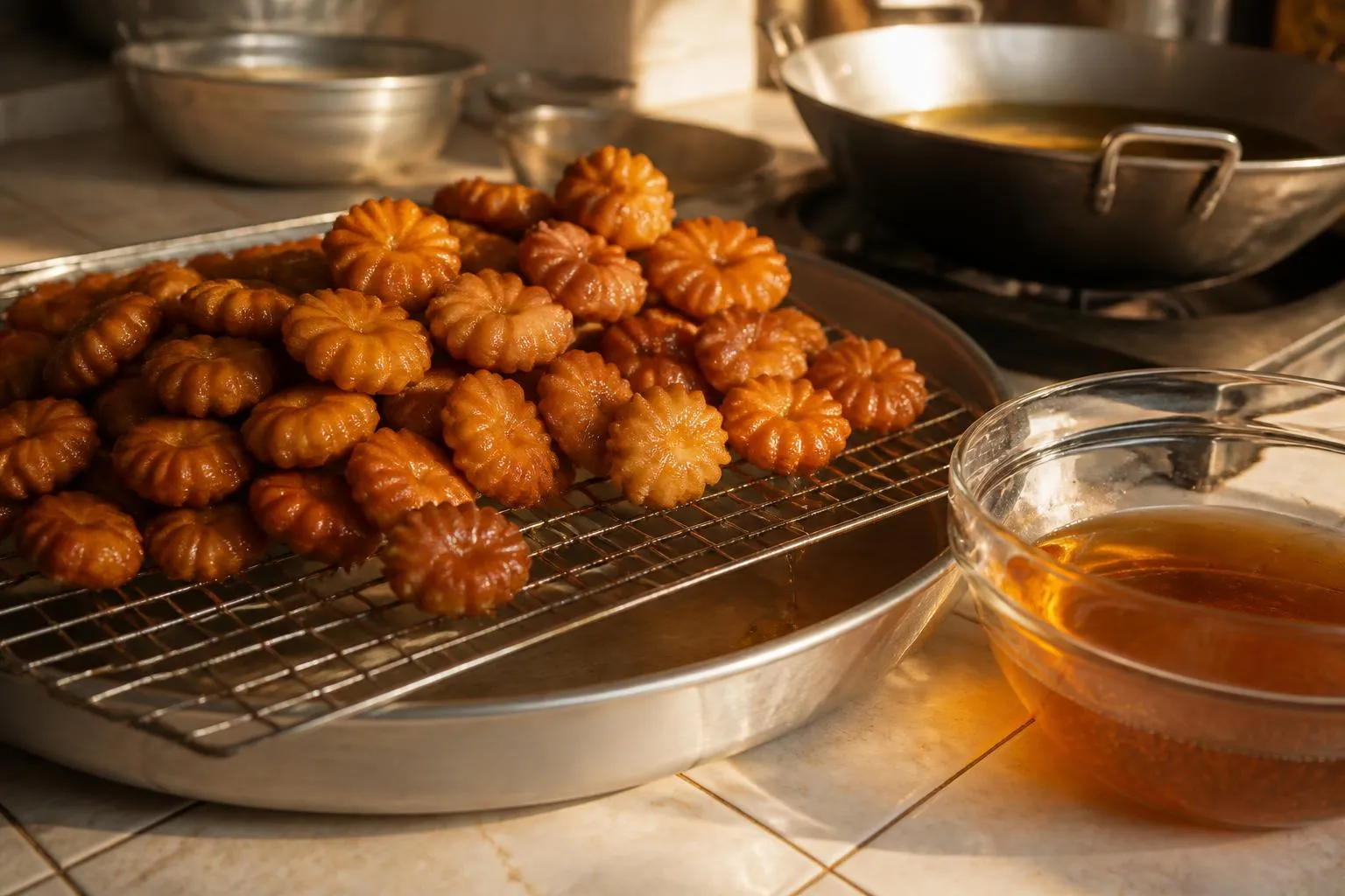 Griwech dorés égouttés sur une grille au-dessus d'un saladier de sirop, à côté d'une bassine d'huile de friture