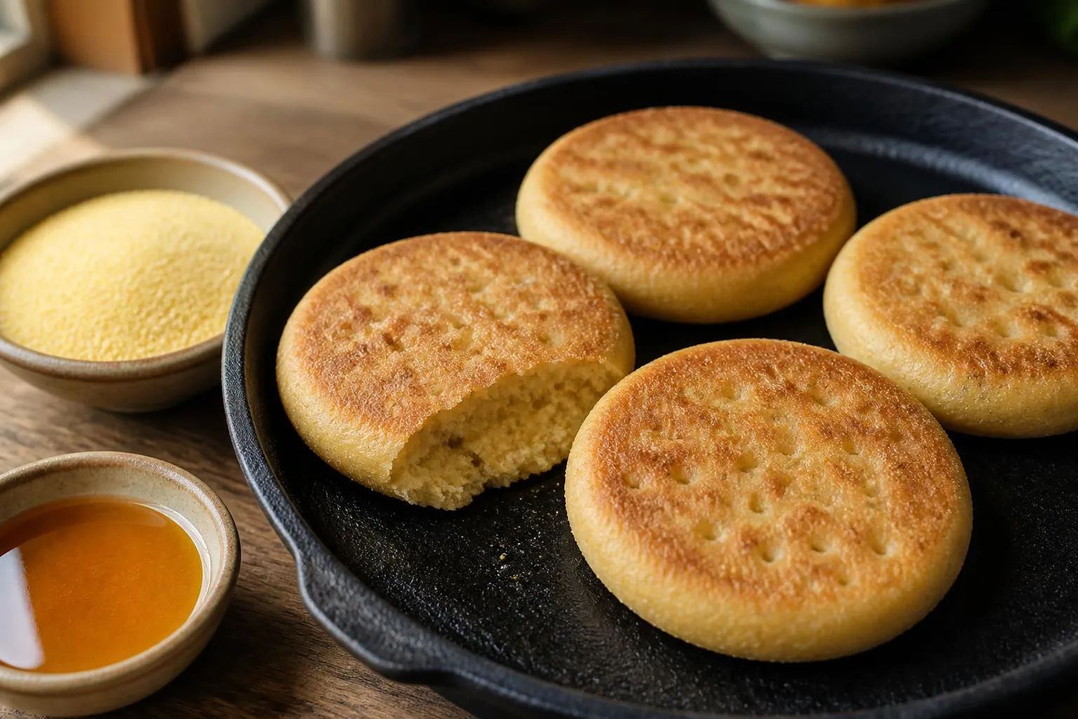 Galettes de semoule dorées posées sur une poêle en fonte, à côté d'un bol de semoule fine crue