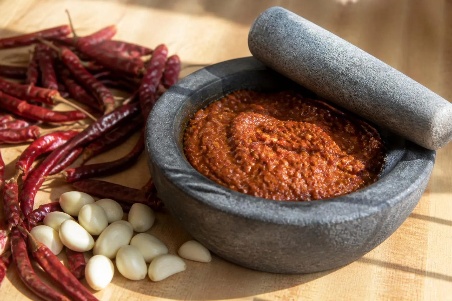 Un mortier de pierre contenant une pâte de piment rouge sombre, entouré de piments longs séchés et de gousses d'ail.