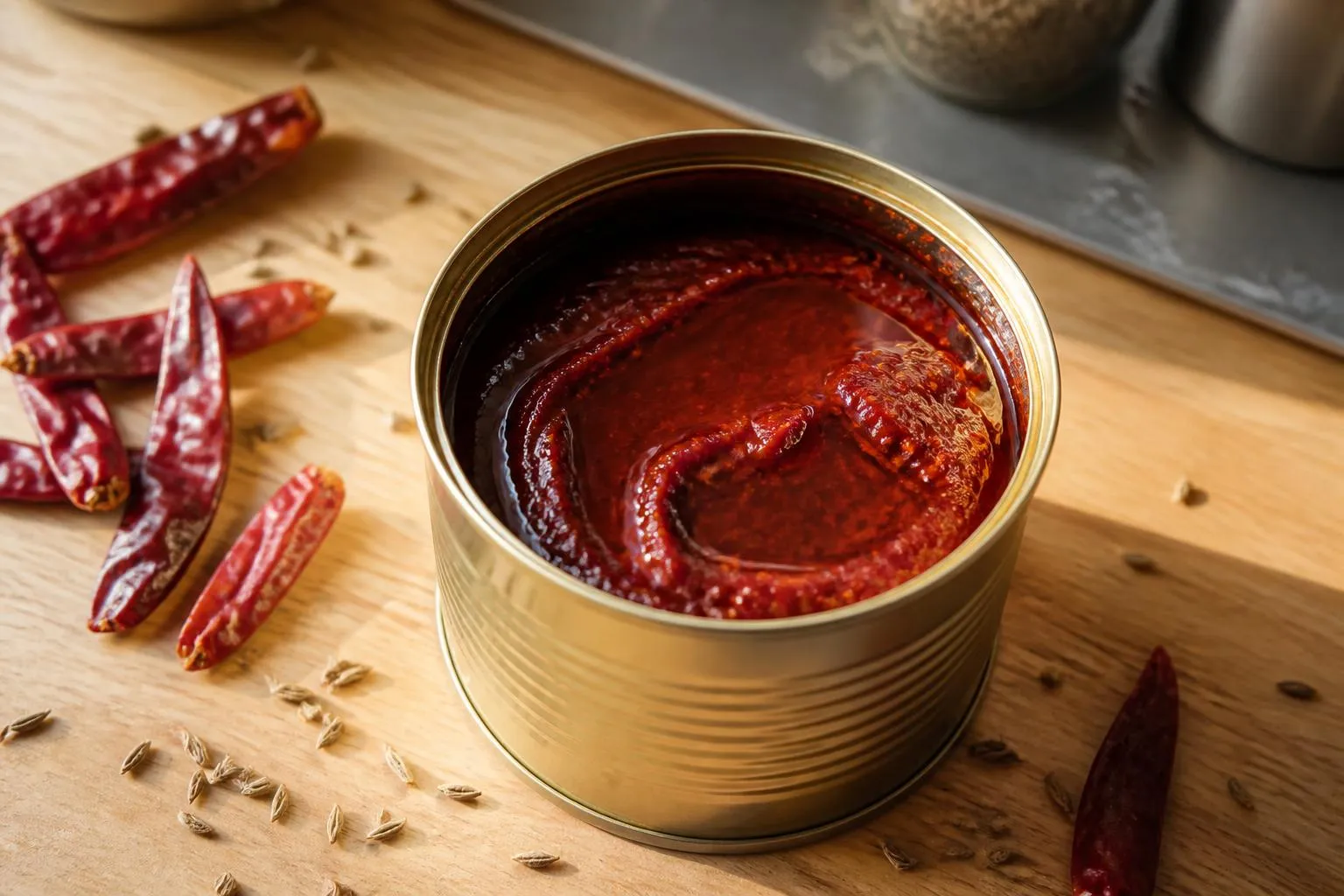 Boîte de conserve ouverte remplie de pâte de piment rouge lissée sous un film d'huile, entourée de piments séchés