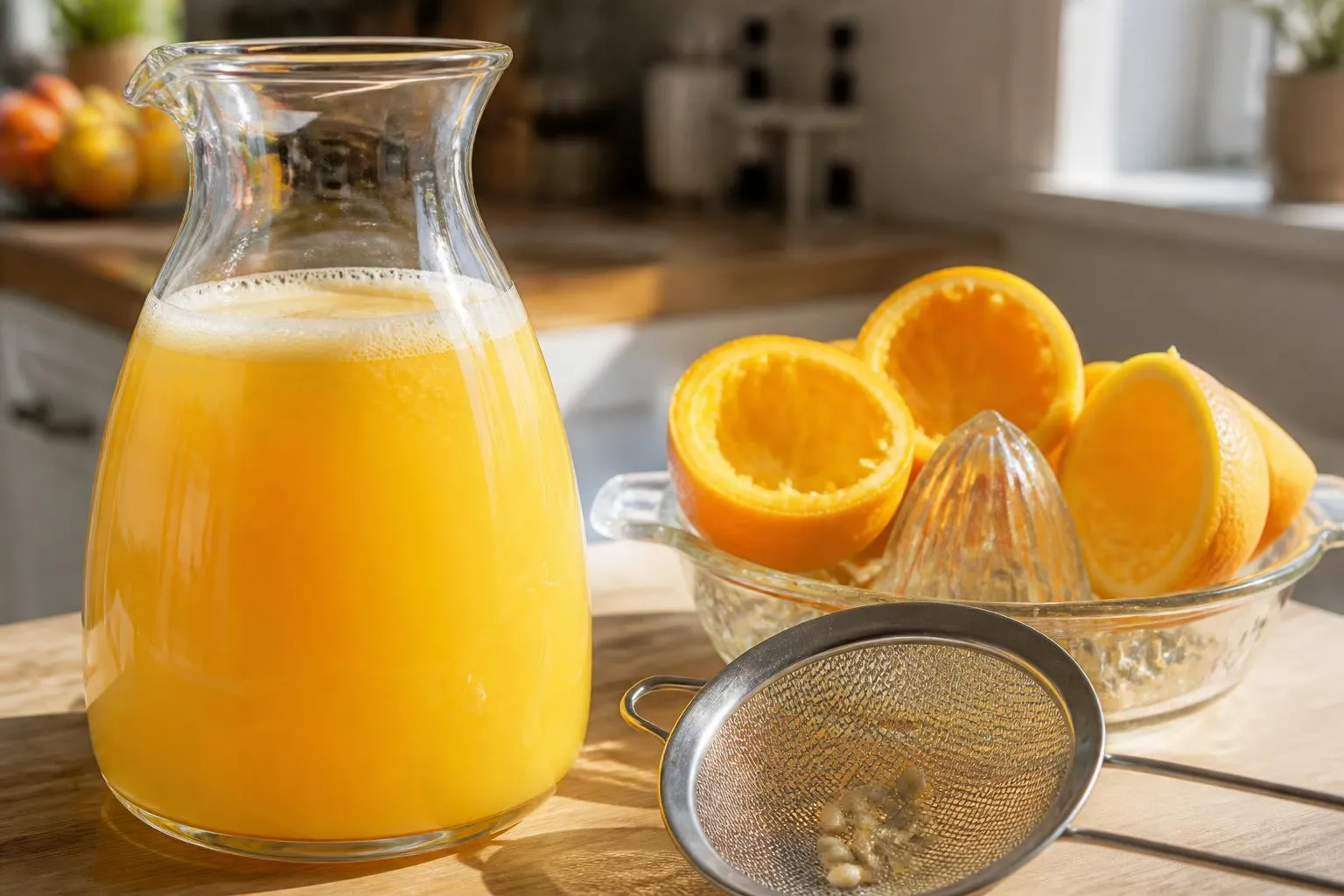 Une carafe de jus d'orange fraîchement pressé, des demi-oranges pressées et un presse-agrumes à cône posés sur une table