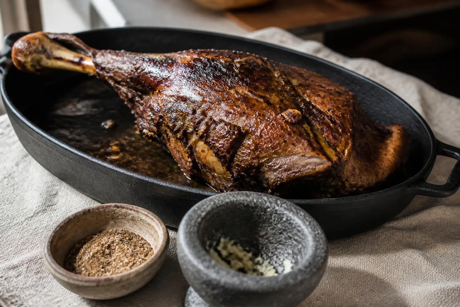 Une épaule d'agneau croûtée au cumin dans un plat en fonte ovale, avec un fond de jus très court et un petit bol de cumin et de sel à côté