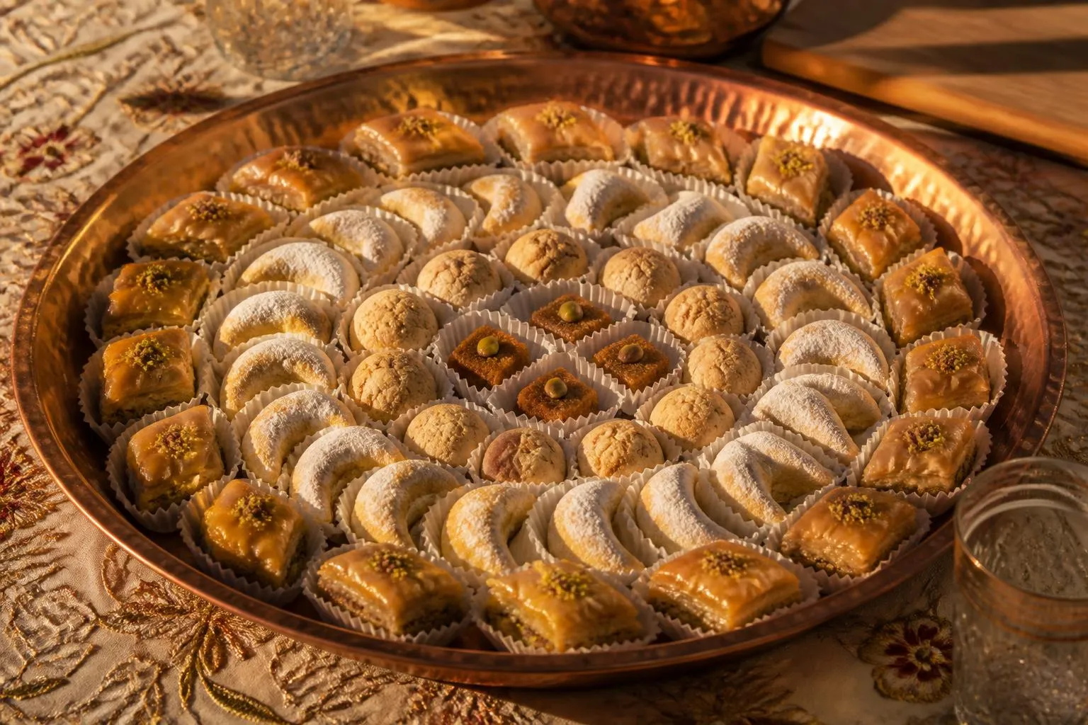 Plateau rond en cuivre garni de petites pâtisseries orientales rangées par couronnes, caissettes en papier plissé