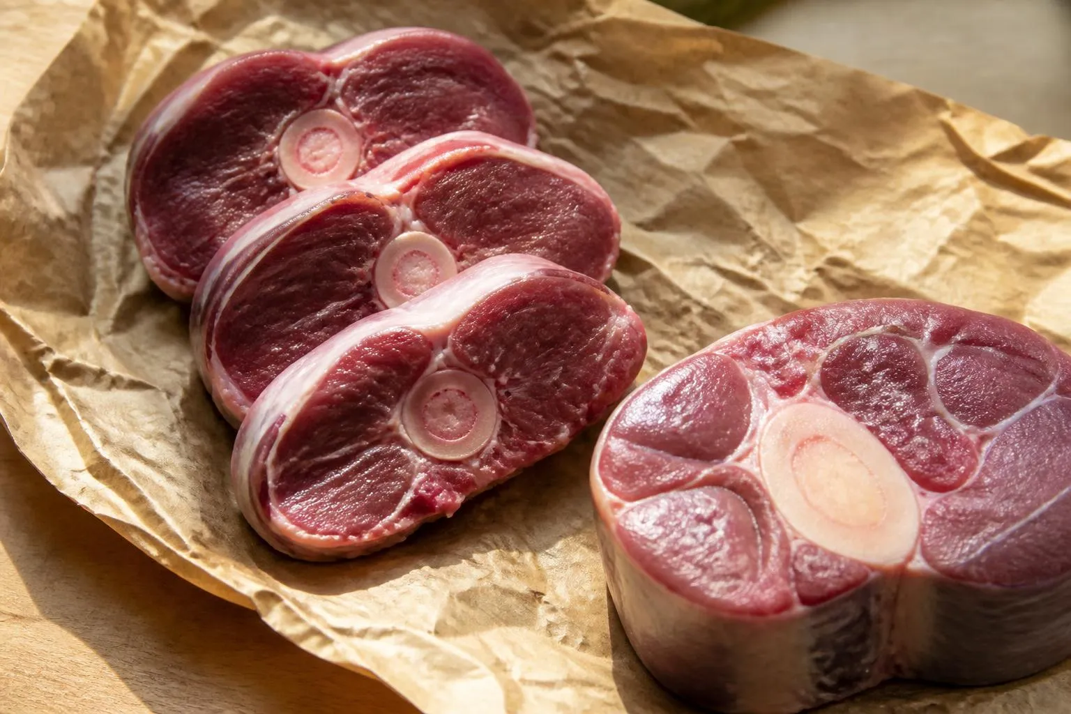 Un collier d'agneau coupé en tranches épaisses et un jarret de veau posés sur du papier de boucher.