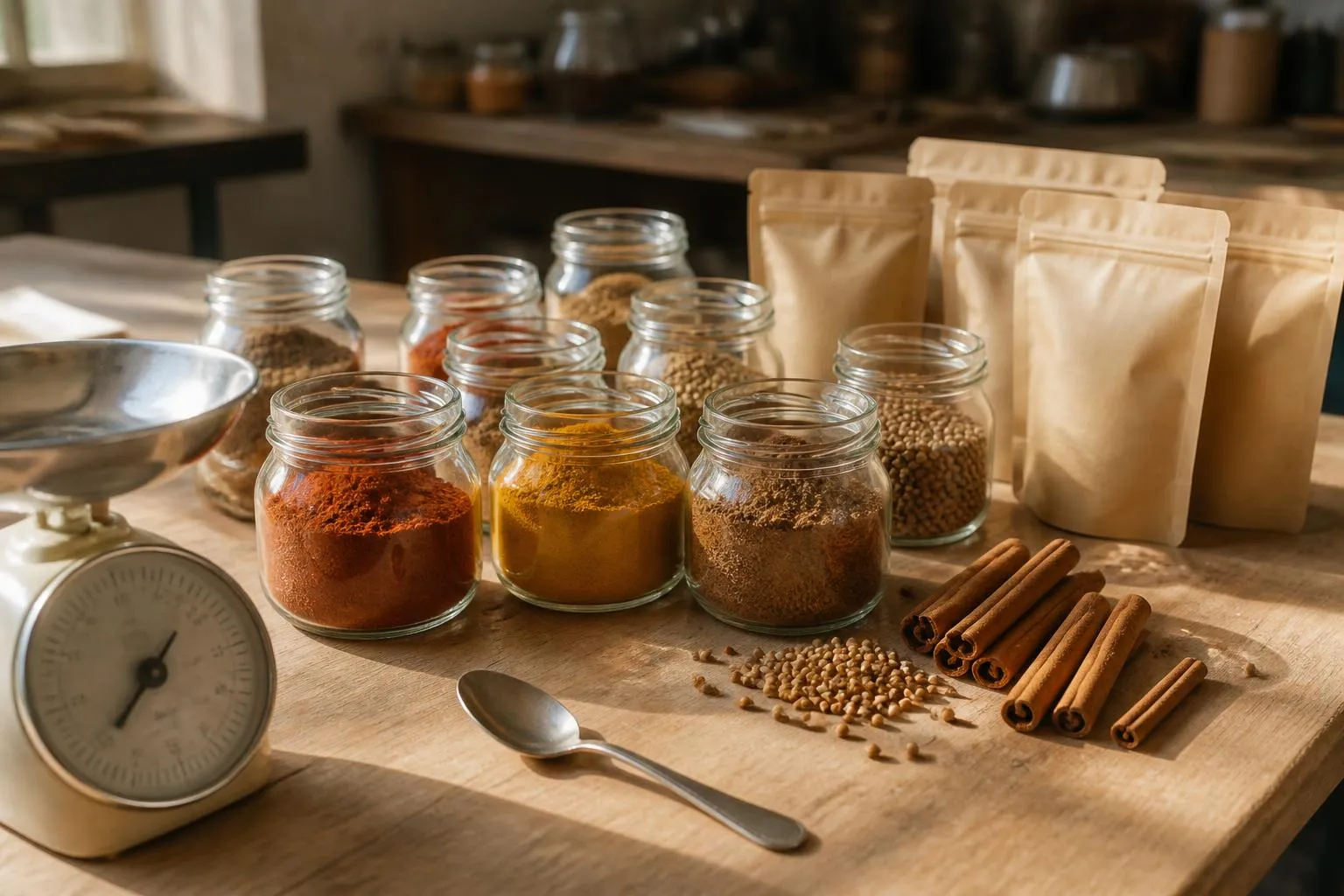 Bocaux et sachets d'épices ouverts sur une table de cuisine, avec une petite balance et une cuillère