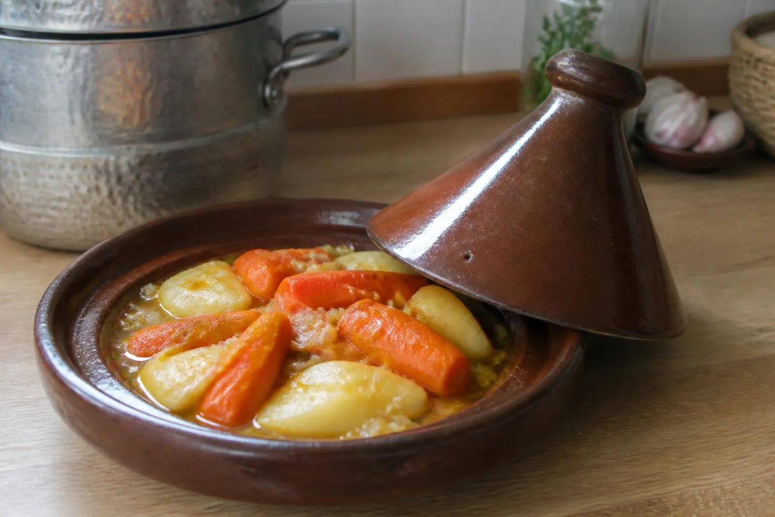 Un plat à tajine en terre de Nabeul ouvert sur un fond d'oignon fondu et de morceaux de carotte, à côté d'un couscoussier en aluminium