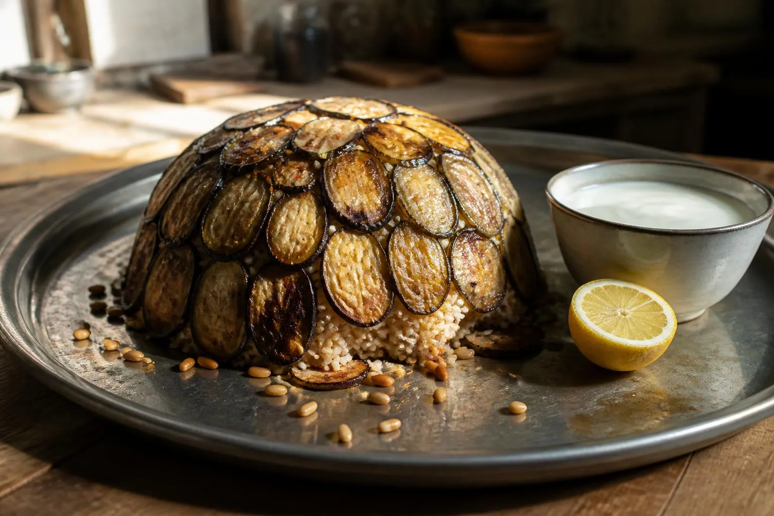 Un plat de riz renversé sur un large plateau rond, aubergines dorées sur le dessus, à côté d'un bol de yaourt battu.