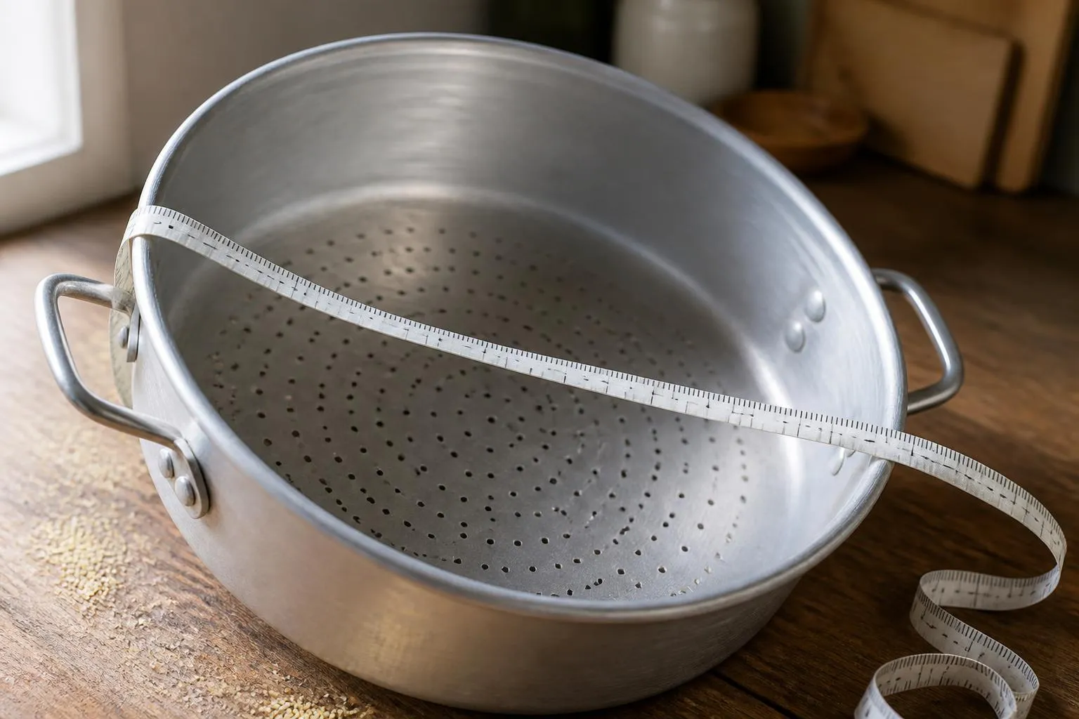 Un haut de couscoussier en aluminium posé de biais sur une table, son fond percé de trous et un mètre ruban en travers de son ouverture.