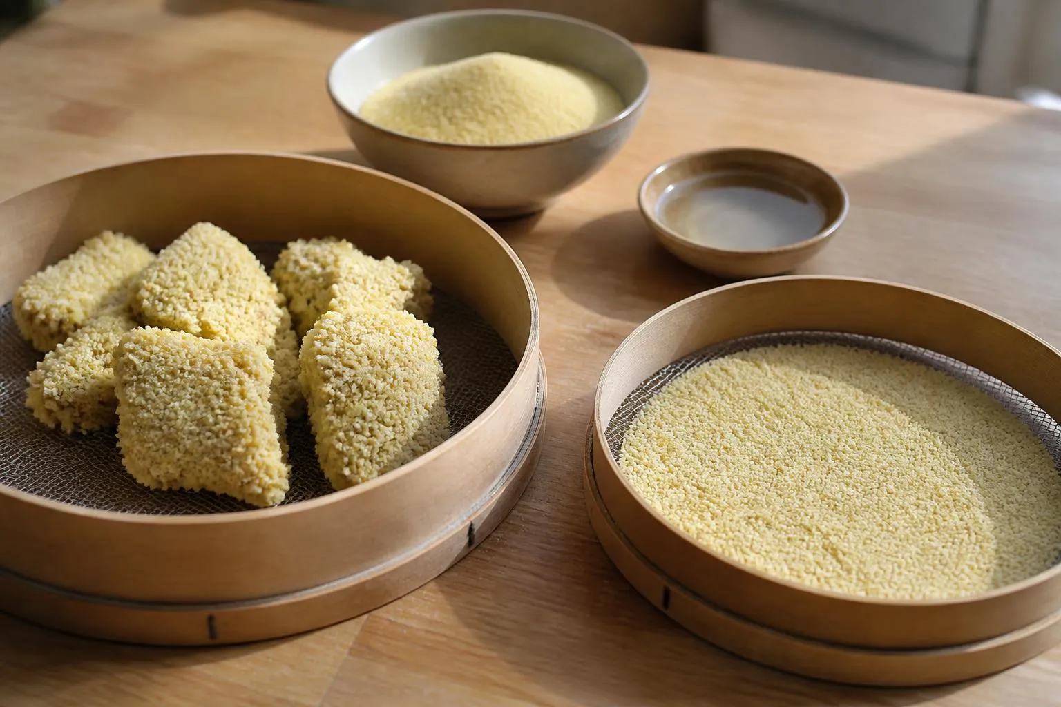 Deux tamis à cadre de bois posés sur une table, l'un retenant des paquets de semoule agglomérée, l'autre couvert de grains de couscous réguliers.