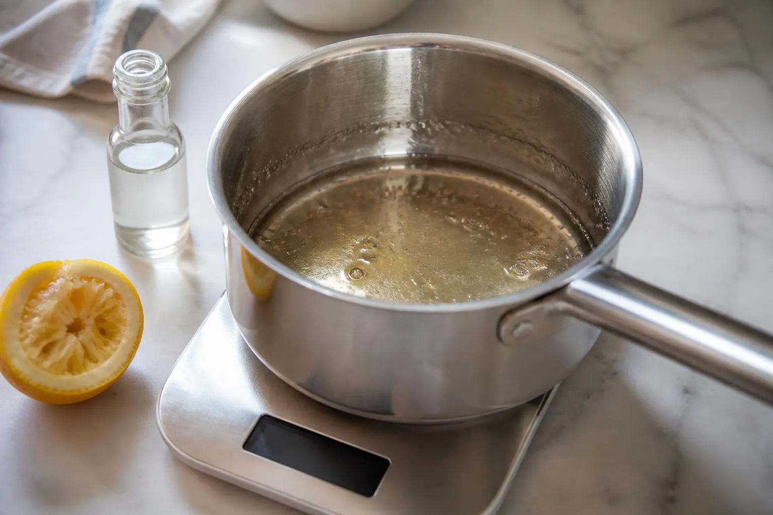 Une casserole de sirop clair en fin de cuisson posée sur une balance de cuisine, un demi-citron et un flacon d'eau de fleur d'oranger à côté.