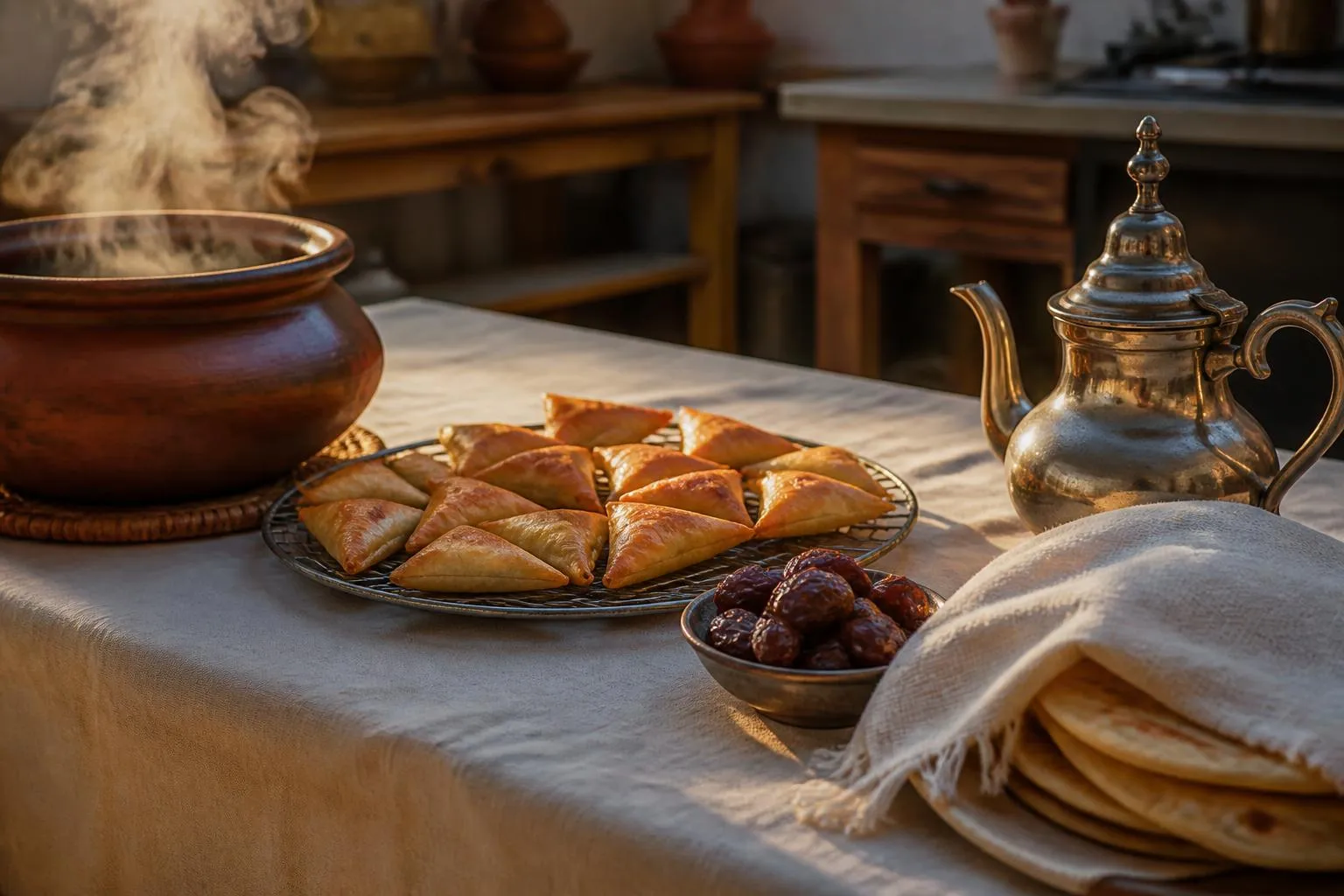 Une table dressée avec une soupière de chorba, un plat de bricks dorées sur une grille, des dattes et une théière.