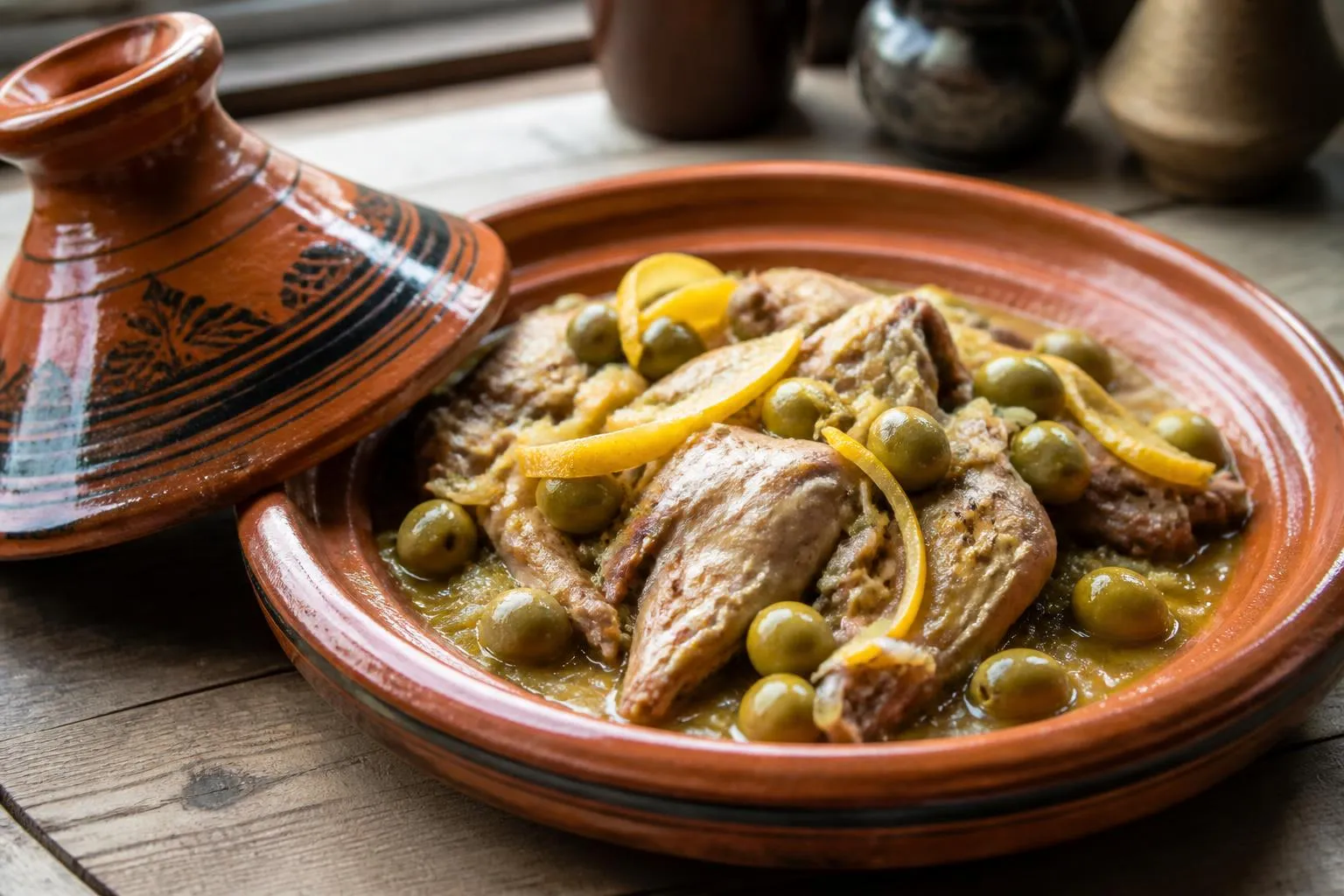 Un plat à tajine en terre ouvert sur des morceaux de lapin posés sur un lit d'oignon râpé, avec des olives vertes et des lanières d'écorce de citron confit