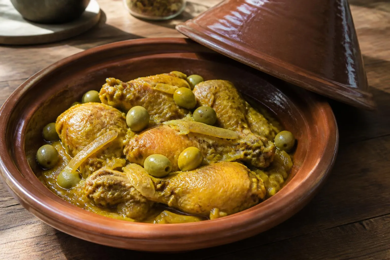 Un plat à tajine en terre découvert, cuisses de poulet jaunes sur un lit d'oignon fondu, olives vertes et lanières d'écorce de citron confit