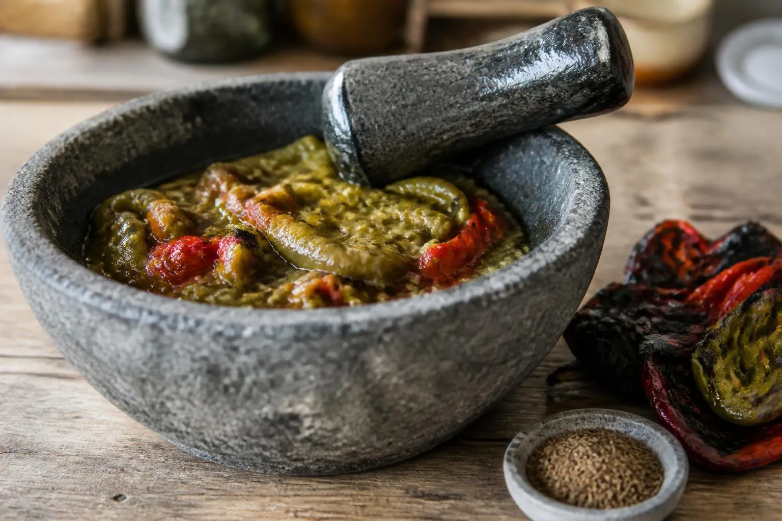 Un mortier de pierre contenant une salade de poivrons grillés vert sombre tachée de rouge, avec son pilon posé en travers