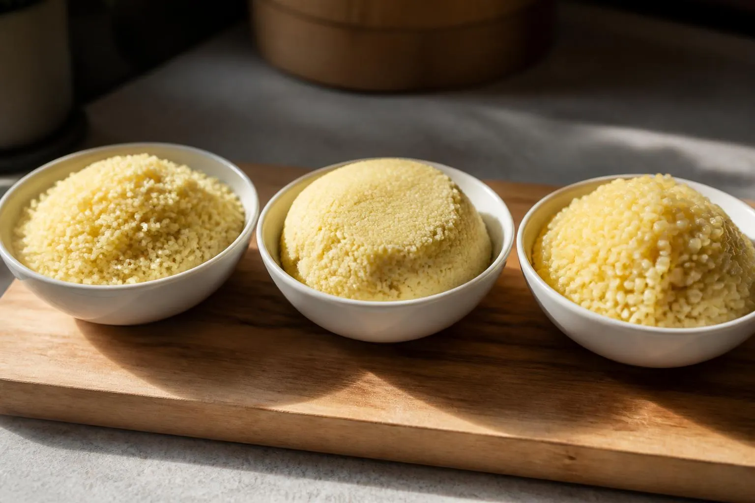 Trois coupelles de semoule de couscous alignées sur une table en bois, grains détachés dans la première, masse compacte dans la deuxième